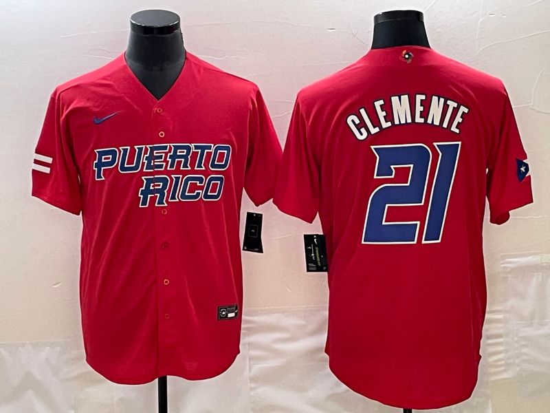 Men 2023 World Cub Puerto Rico 21 Clemente Red Nike MLB Jersey3